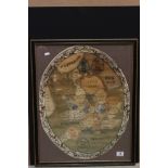 18th / 19th century Oval Sampler depicting Great Britain by Mary Ann Walland, 61cms x 48cms,