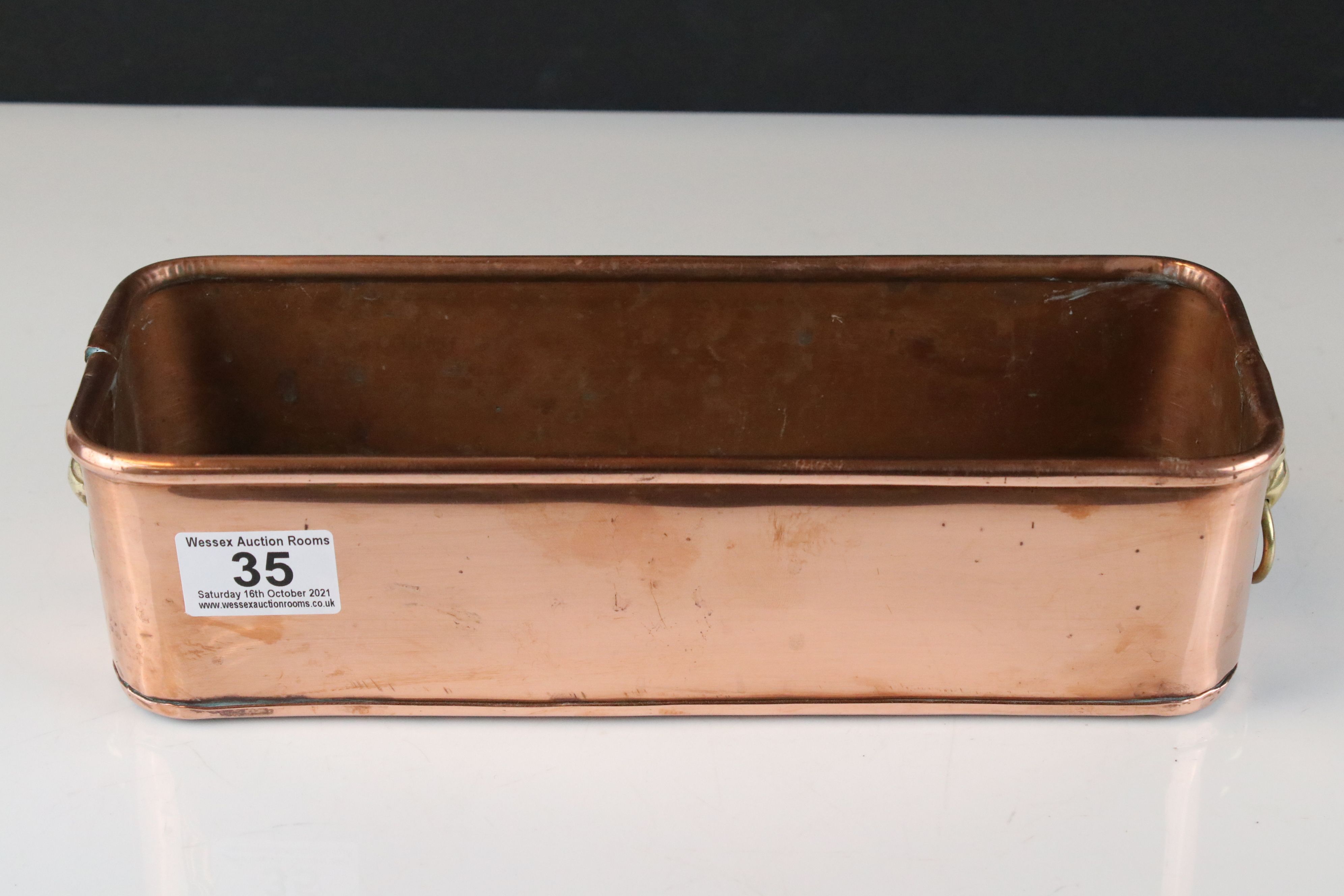 Copper Rectangular Planter with Brass Lion Mask Ring Handles, 31cms long - Image 4 of 4