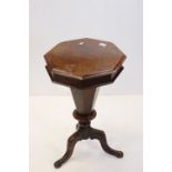 Victorian Walnut Trumpet shaped Sewing Table / Work Box, the octagonal hinged lid opening to a