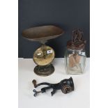 A small group of collectables to include a butter churn, scales and a mincer.