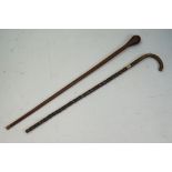 Knobbly Blackthorn Walking Stick with brass band together with a Knop Handled Walking Stick