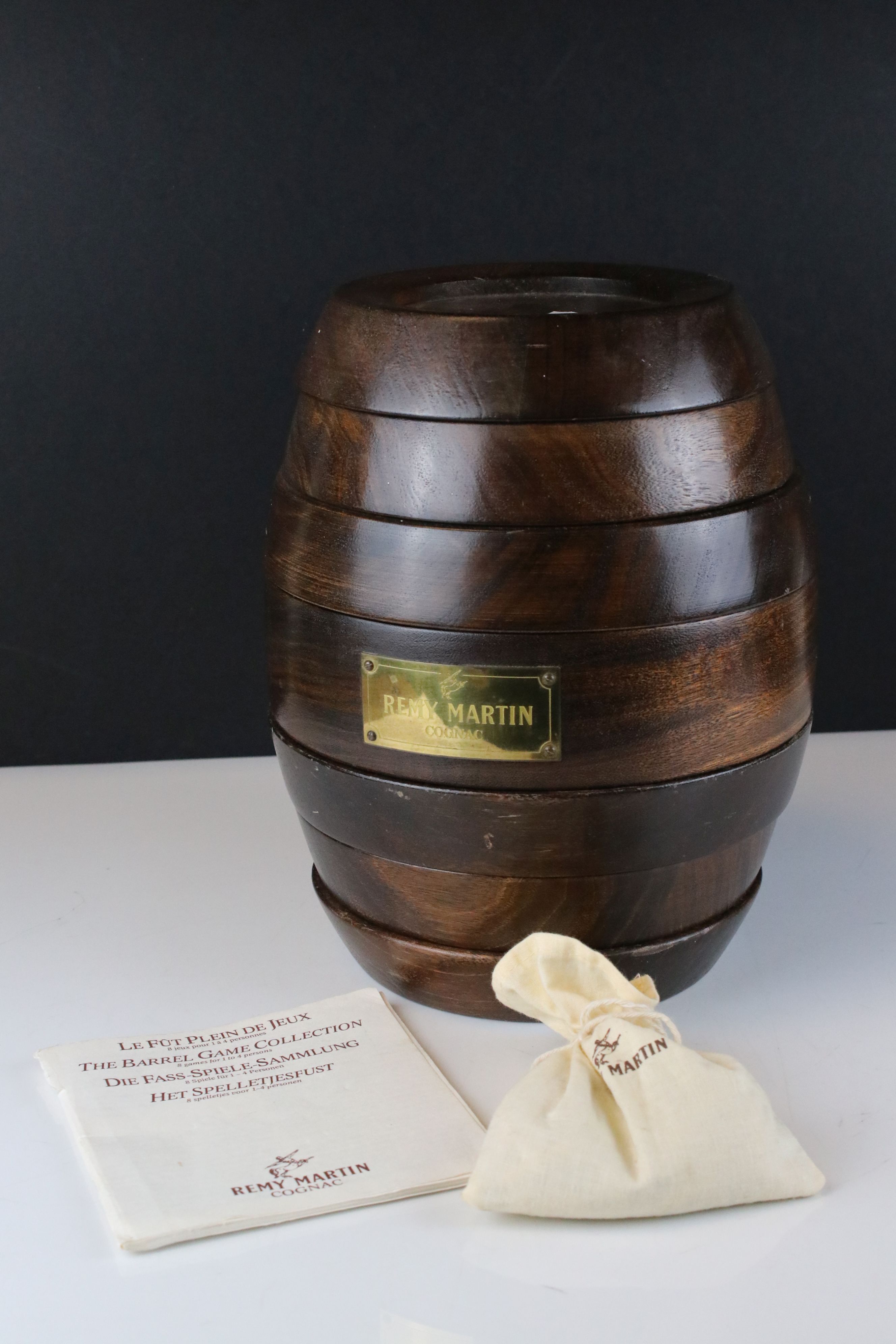 Remy Martin Wooden Games Compendium in the form of a barrel, 27cms high