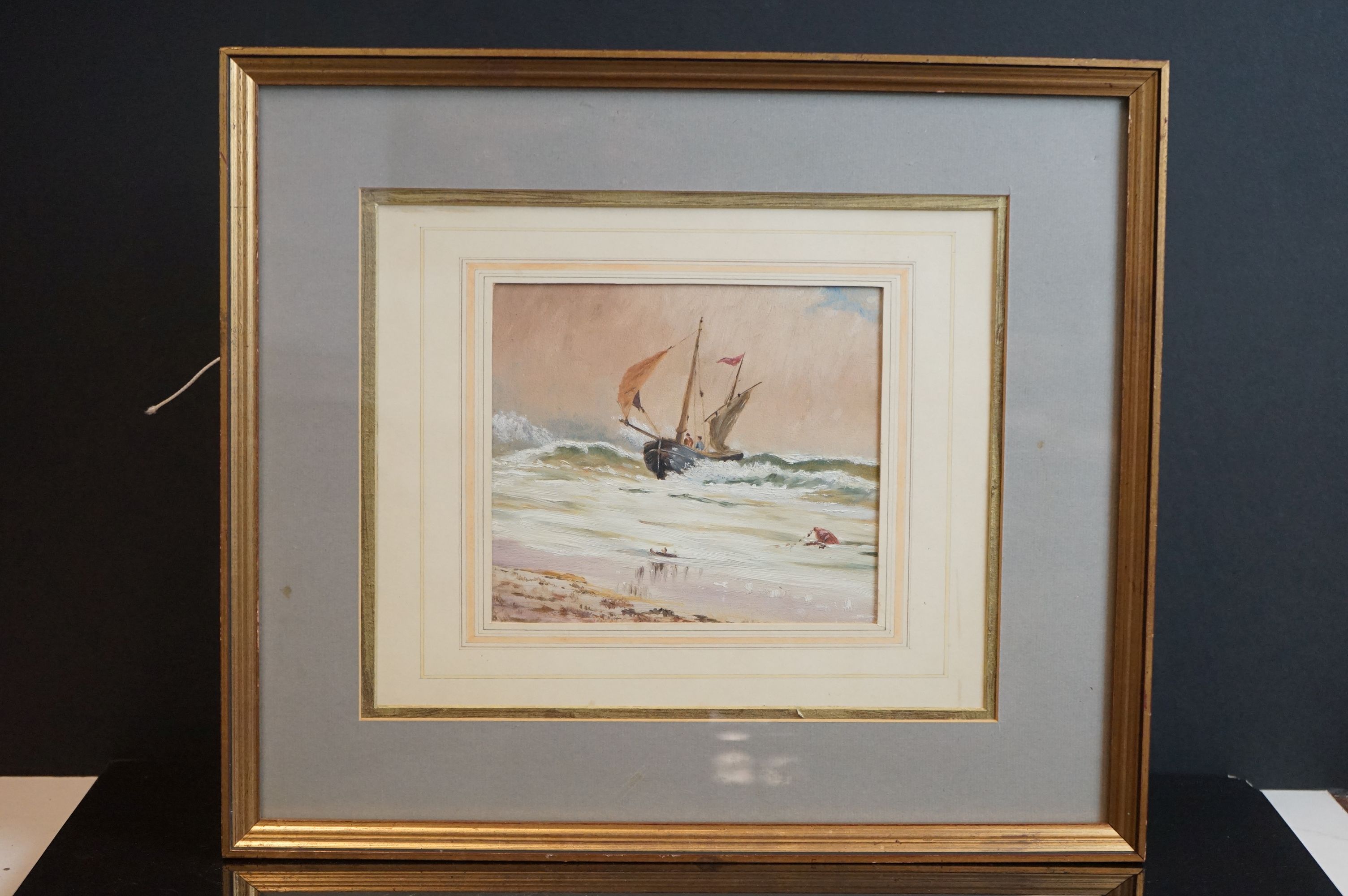 19th century oil on board, marine scene of fishing boats in stormy seas