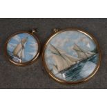 Two hand painted miniatures of sailing ships within circular brass frames.