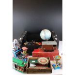 A small collection of vintage toys to include tin plate examples, die cast vehicles and a boxed