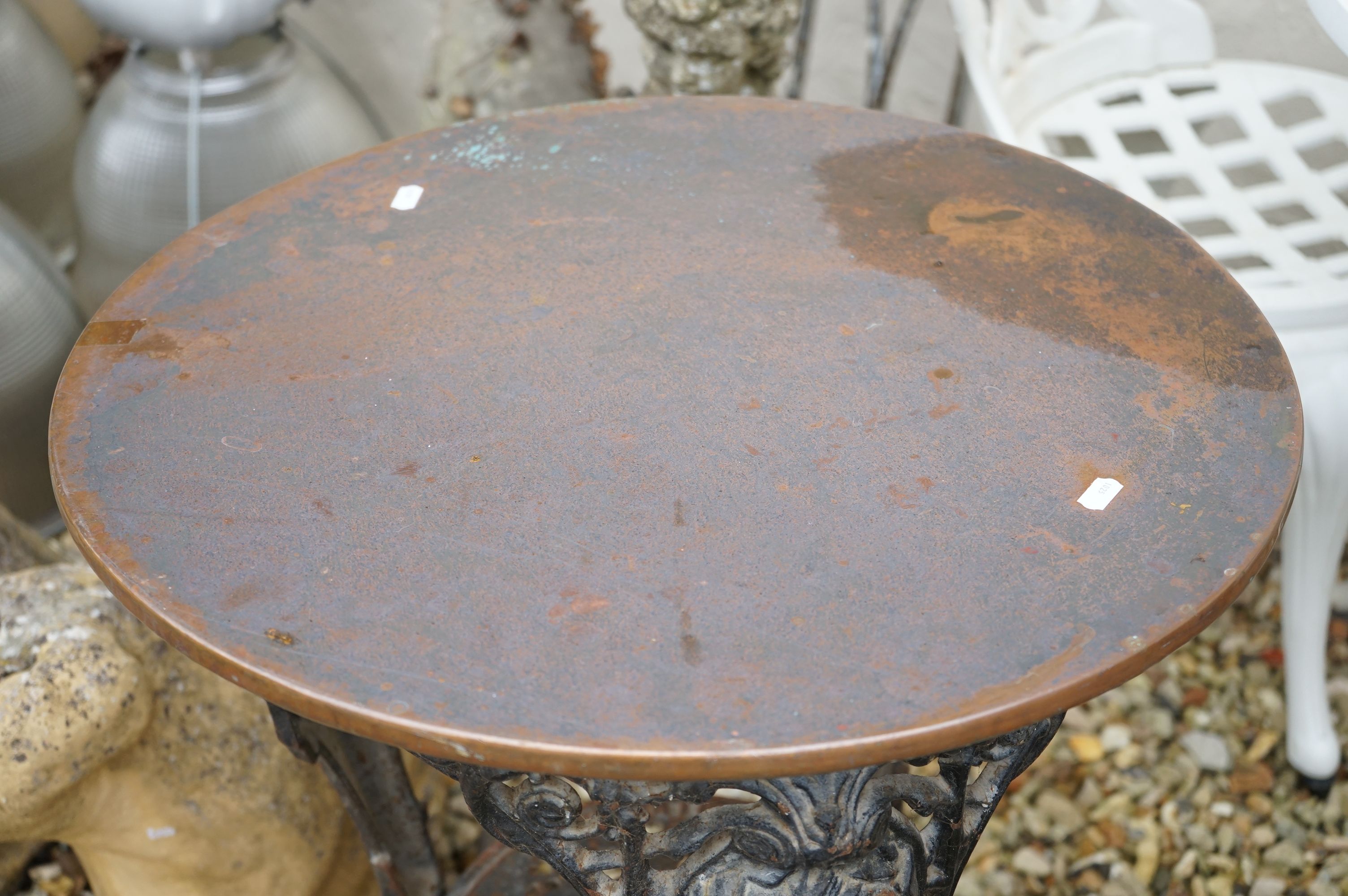 Pair of Cast Iron Circular Pub Tables with Copper Tops, with makers marks - Image 2 of 5