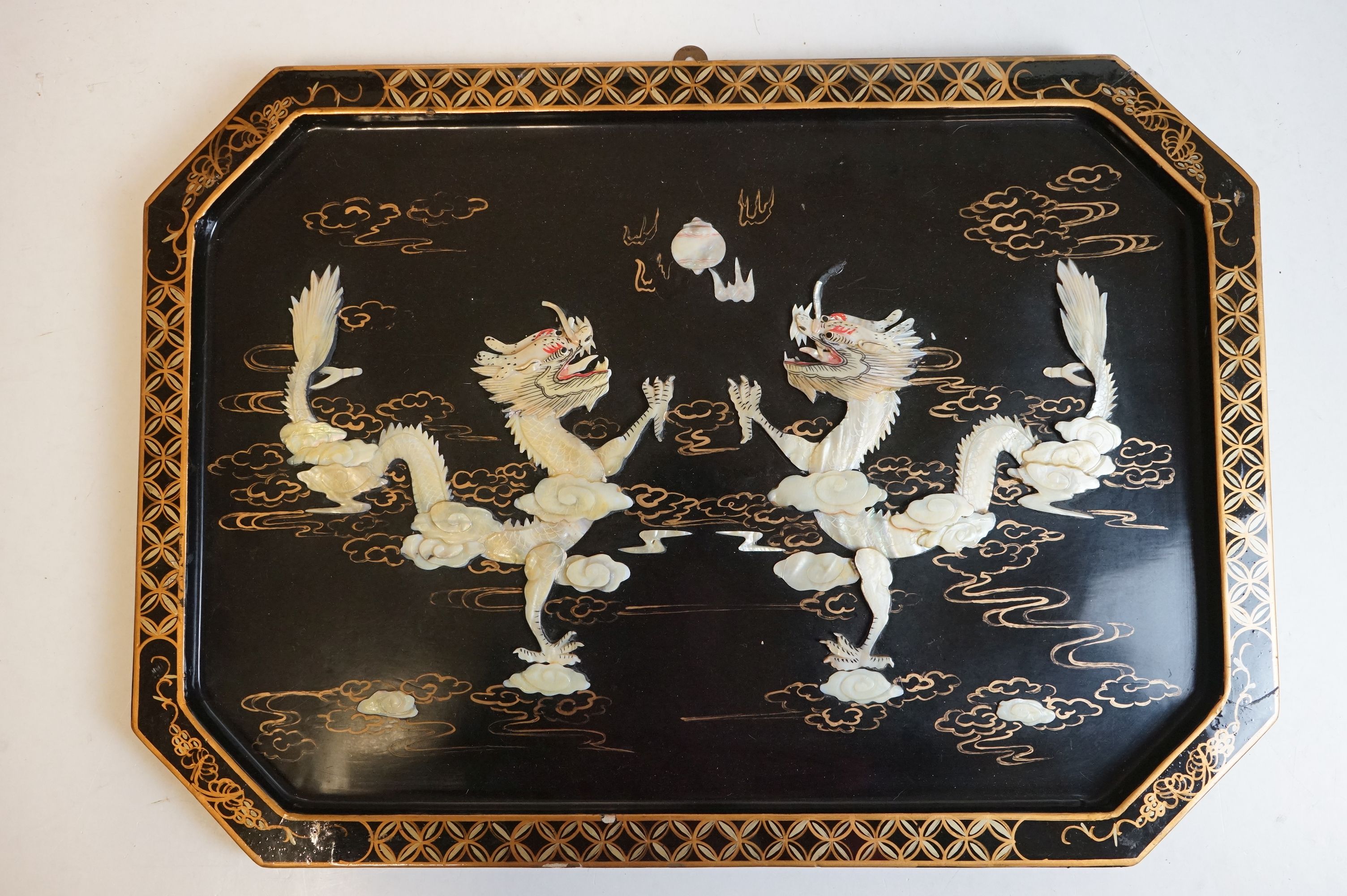 A Chinese lacquer ware tray with mother of pearl dragon decoration together with two framed and - Bild 2 aus 7