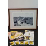 A collection of AA collectables and ephemera to include badges, maps and framed photograph.