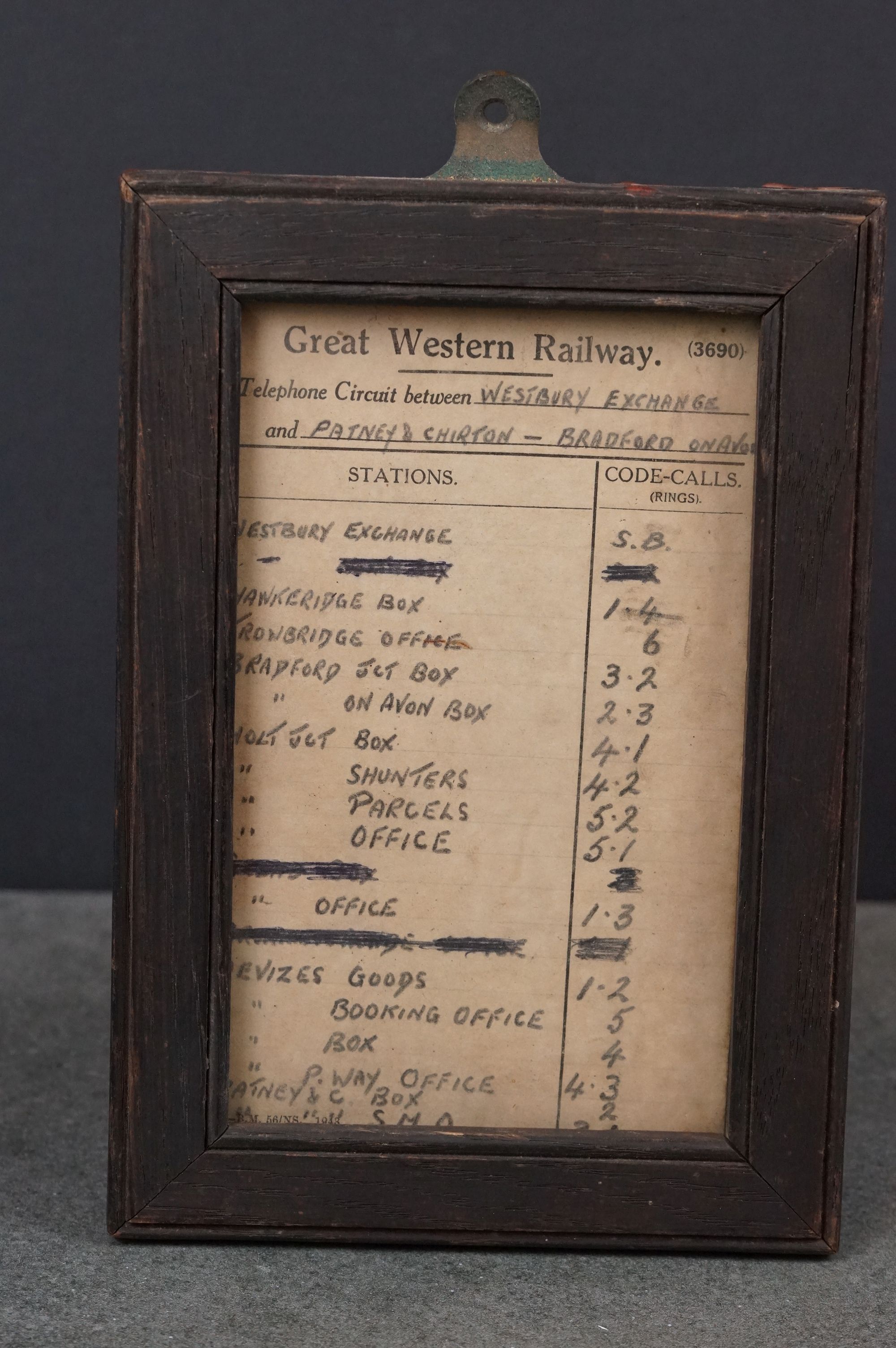 A framed and glazed Great Western Railways Telephone number code sheet.
