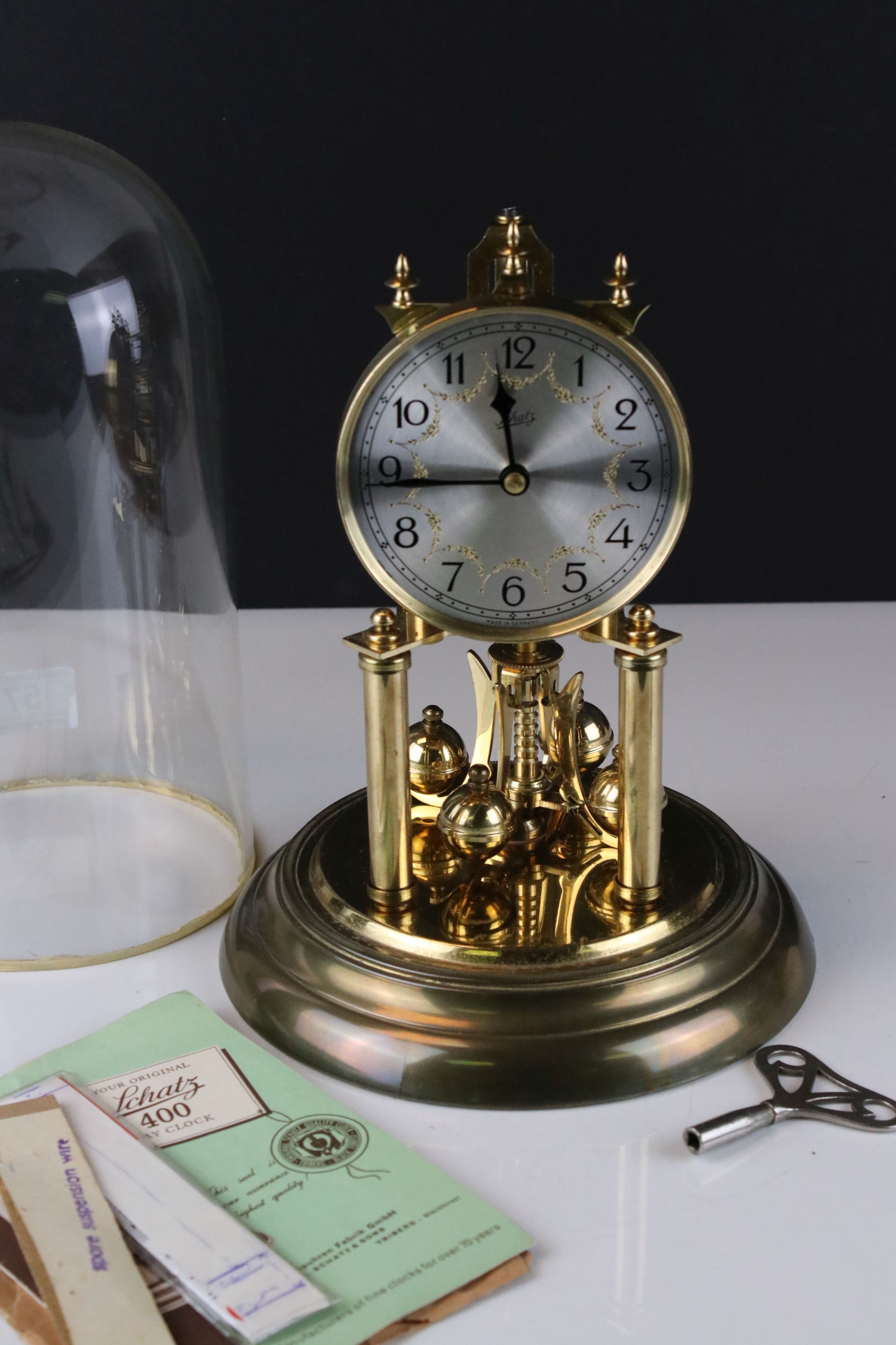 German Schatz 400 Day Clock with Glass Dome, Key and Instruction Booklet, 30cms high - Image 2 of 11