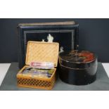 A vintage Japanese lacquer ware photograph album together with a similar hat box and a quantity of