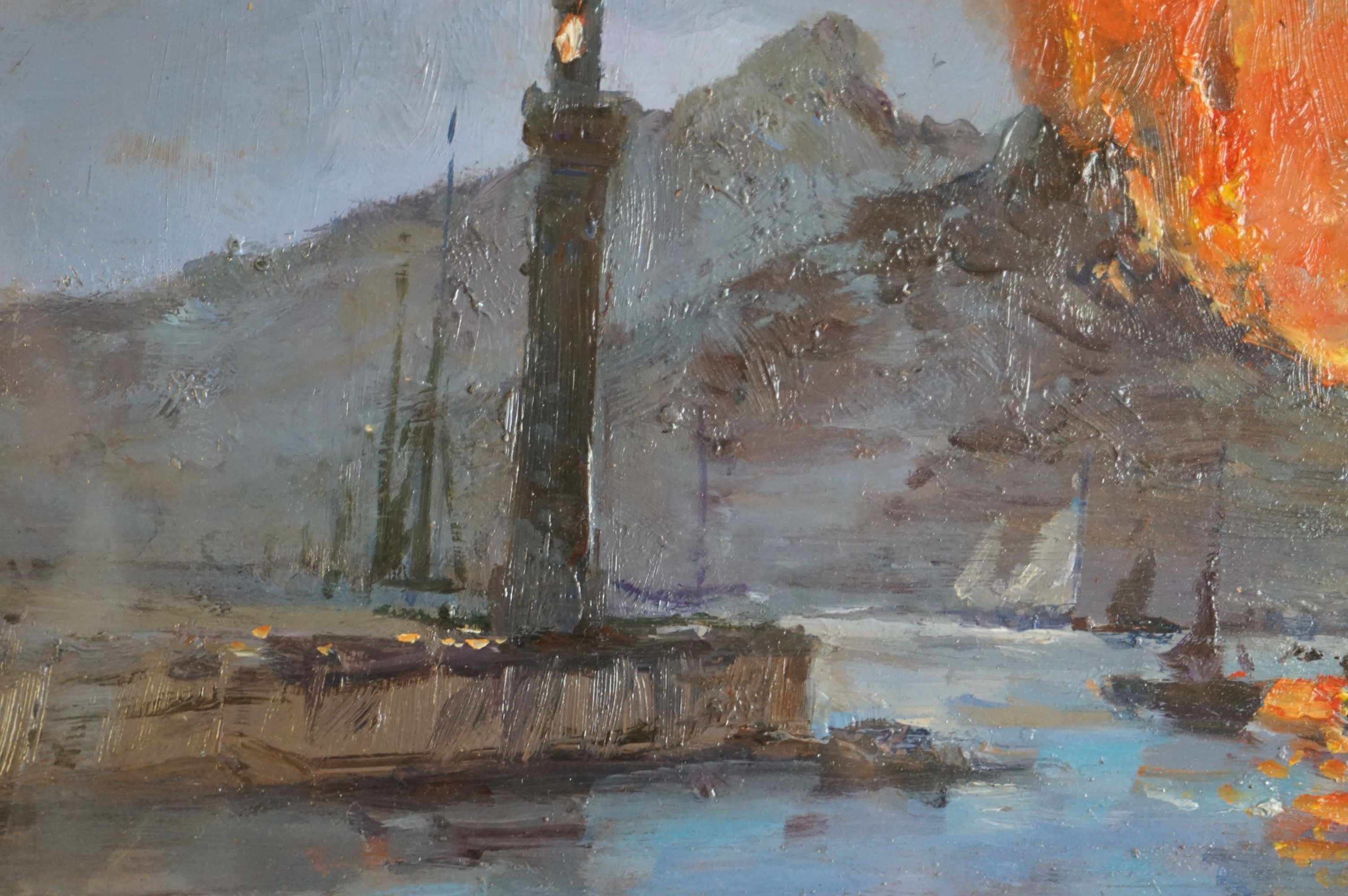Oils on board, a view of the Bay of Naples with Vesuvius erupting in the background - Image 4 of 5