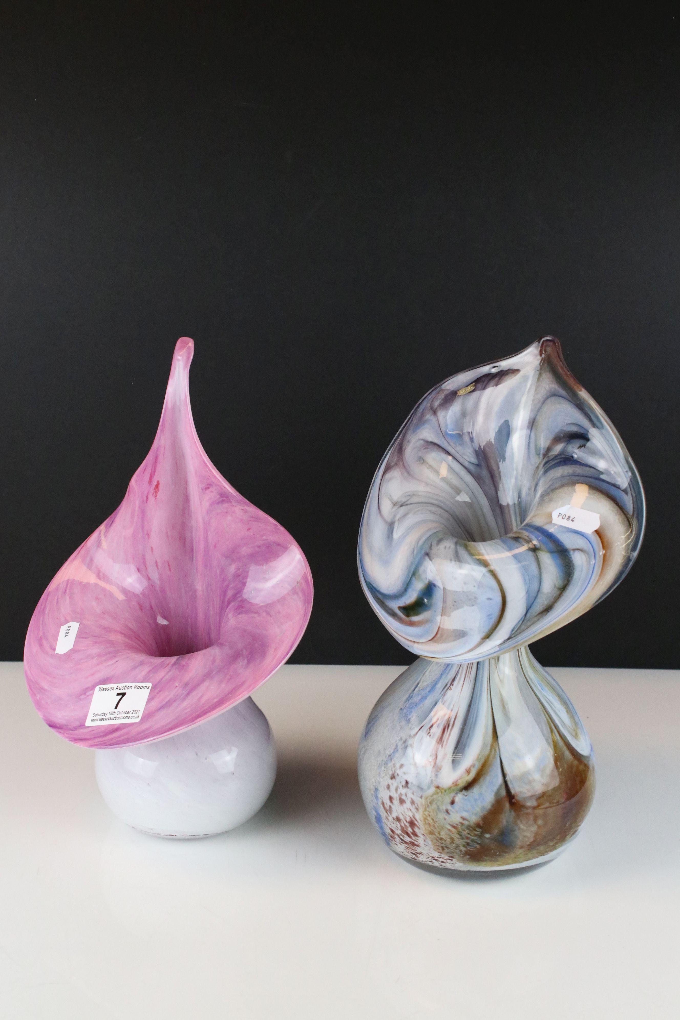 Two Studio Coloured Glass Jack in the Pulpit Vases, tallest 30cms high