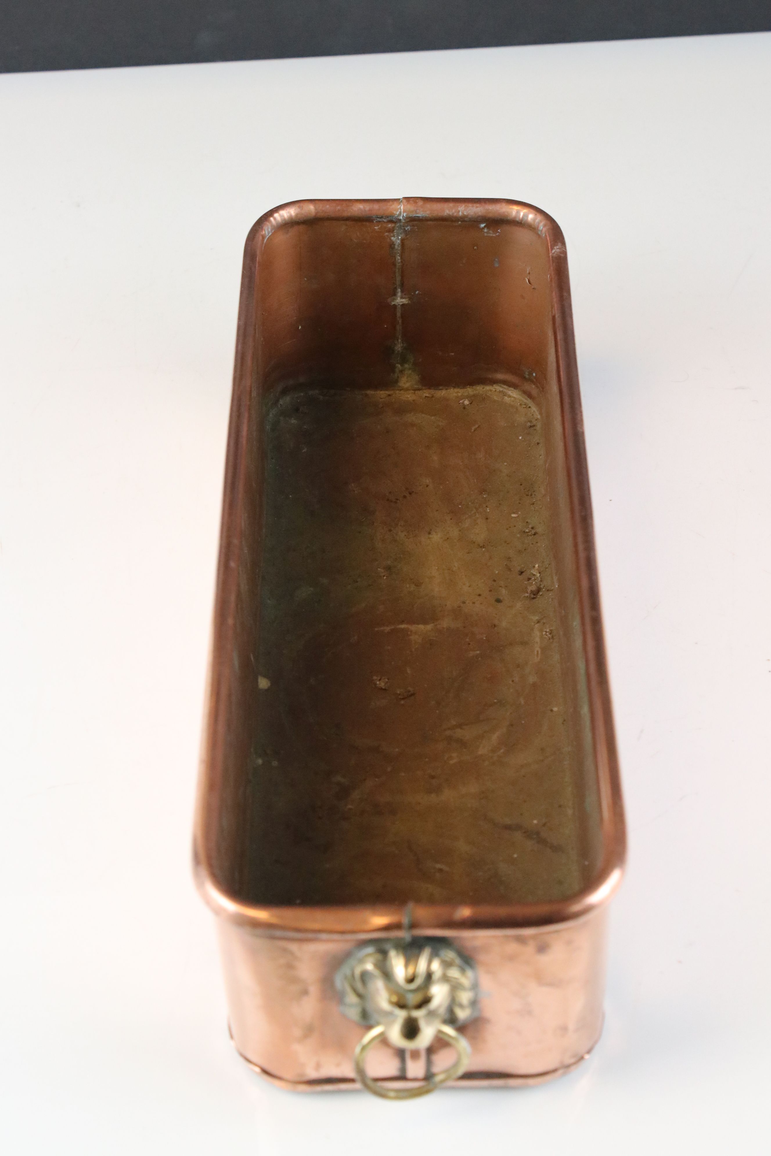 Copper Rectangular Planter with Brass Lion Mask Ring Handles, 31cms long - Image 3 of 4