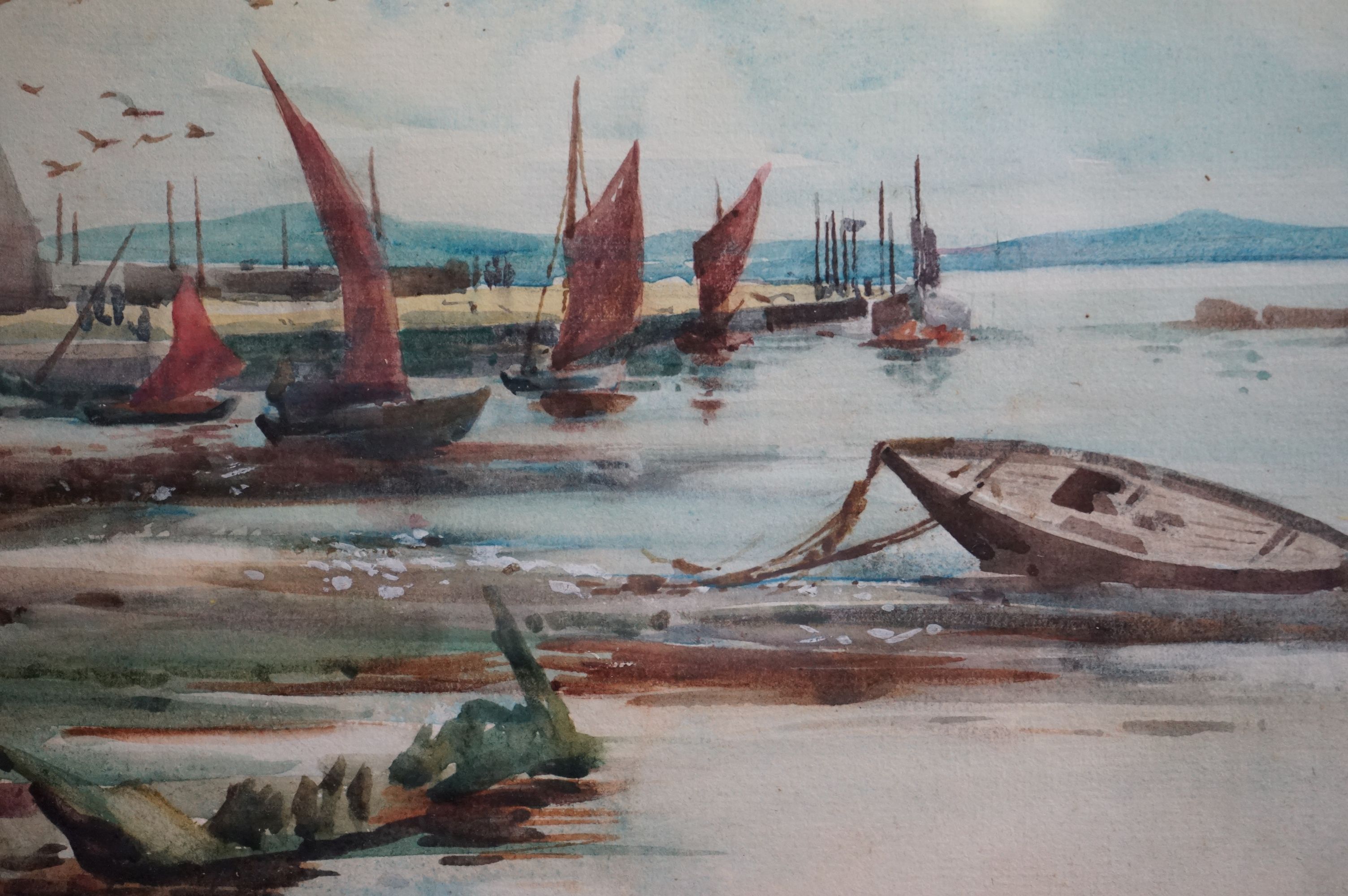 John Hathaway Fraser, BWS watercolour, a tranquil English coastal scene with moored boats, signed - Image 4 of 5
