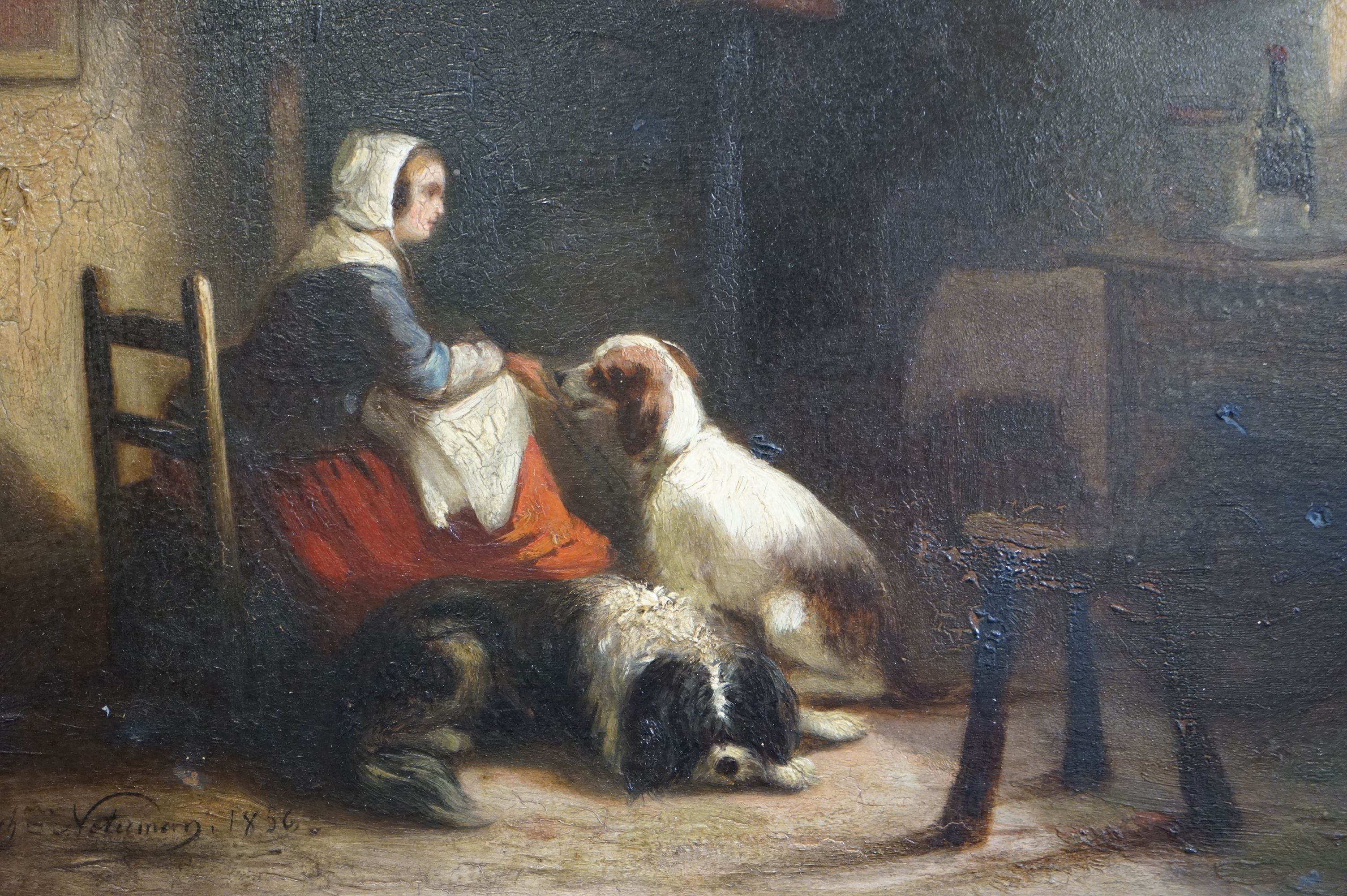 Mid 19th century Oil Painting on Board, Interior Scene of Woman and Dogs sat in a Kitchen, - Image 3 of 6