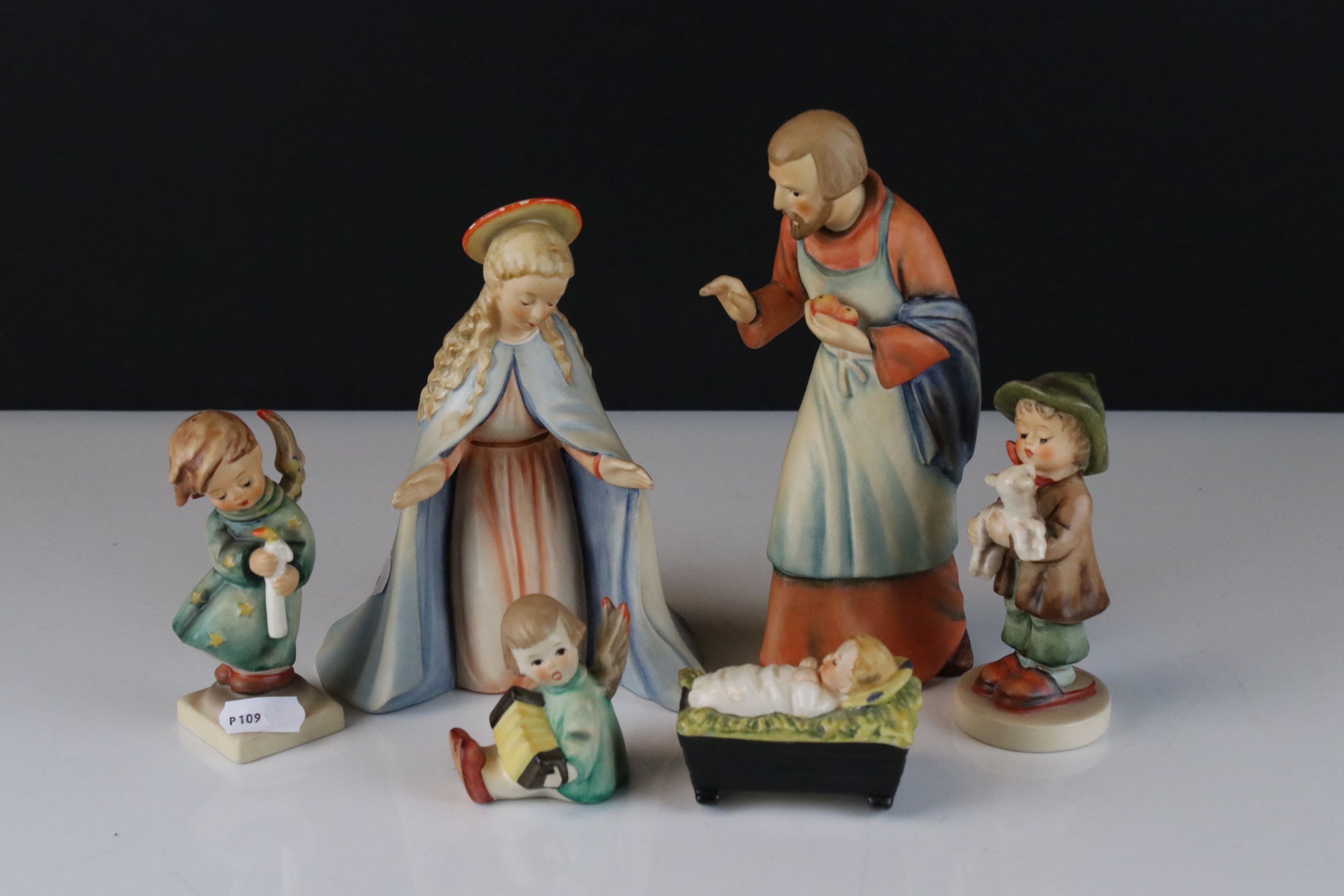 Six Goebel Hummel Nativity Figures including Joseph, Mary, Baby Jesus, Lost Sheep, Heavenly Angel