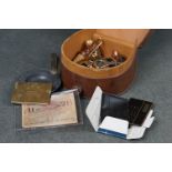 Leather collar box containing mixed collectables, to include belt buckle, spoons, miniature
