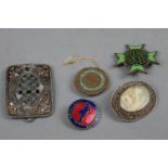 A small group of vintage enamel badges together with an oriental brooch.
