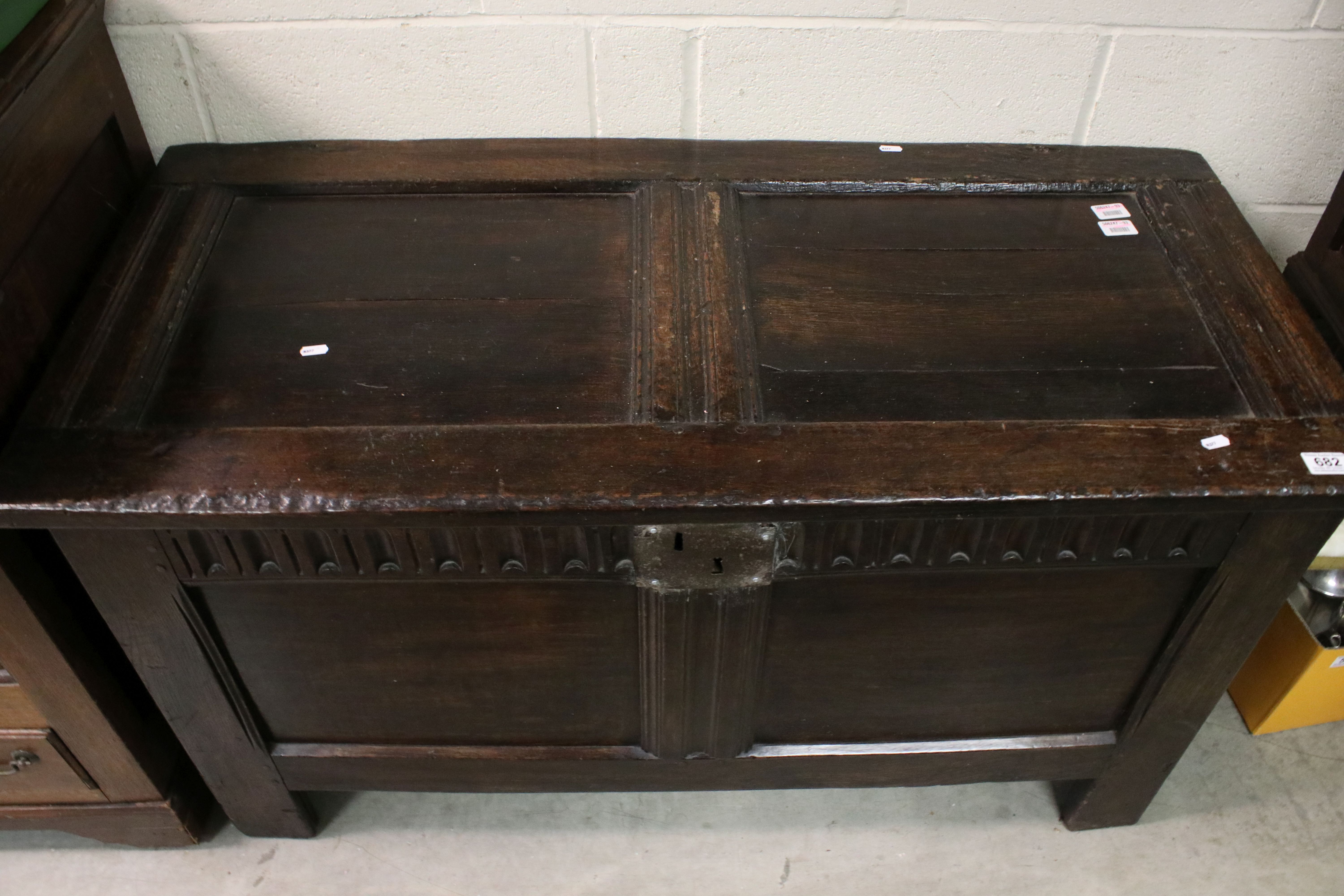 Charles II panelled oak coffer, late 17th century, approx. 66cm high, 119cm wide, 55cm deep - Image 2 of 3