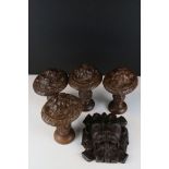 Set of four curtain ties with lion mask finials & another oak lion mask carving