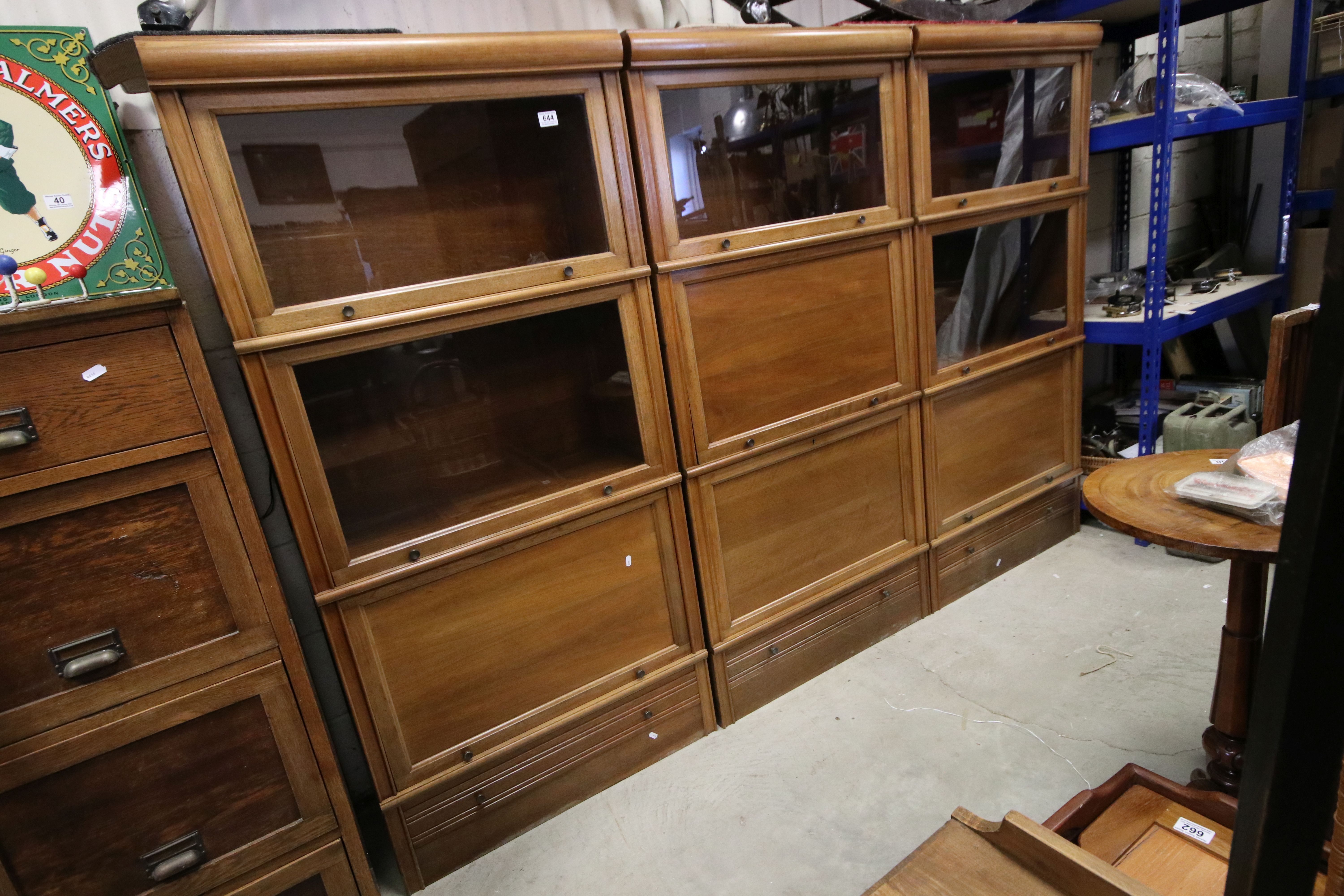 Set of Three Mid century Walnut Modular Stacking Bookcase Cabinets in the Globe Wernicke manner, two