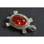 Silver, marcasite & amber tortoise brooch-pendant