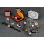 A small collection of mixed clocks and watches to include a 9ct gold cased gents watch.