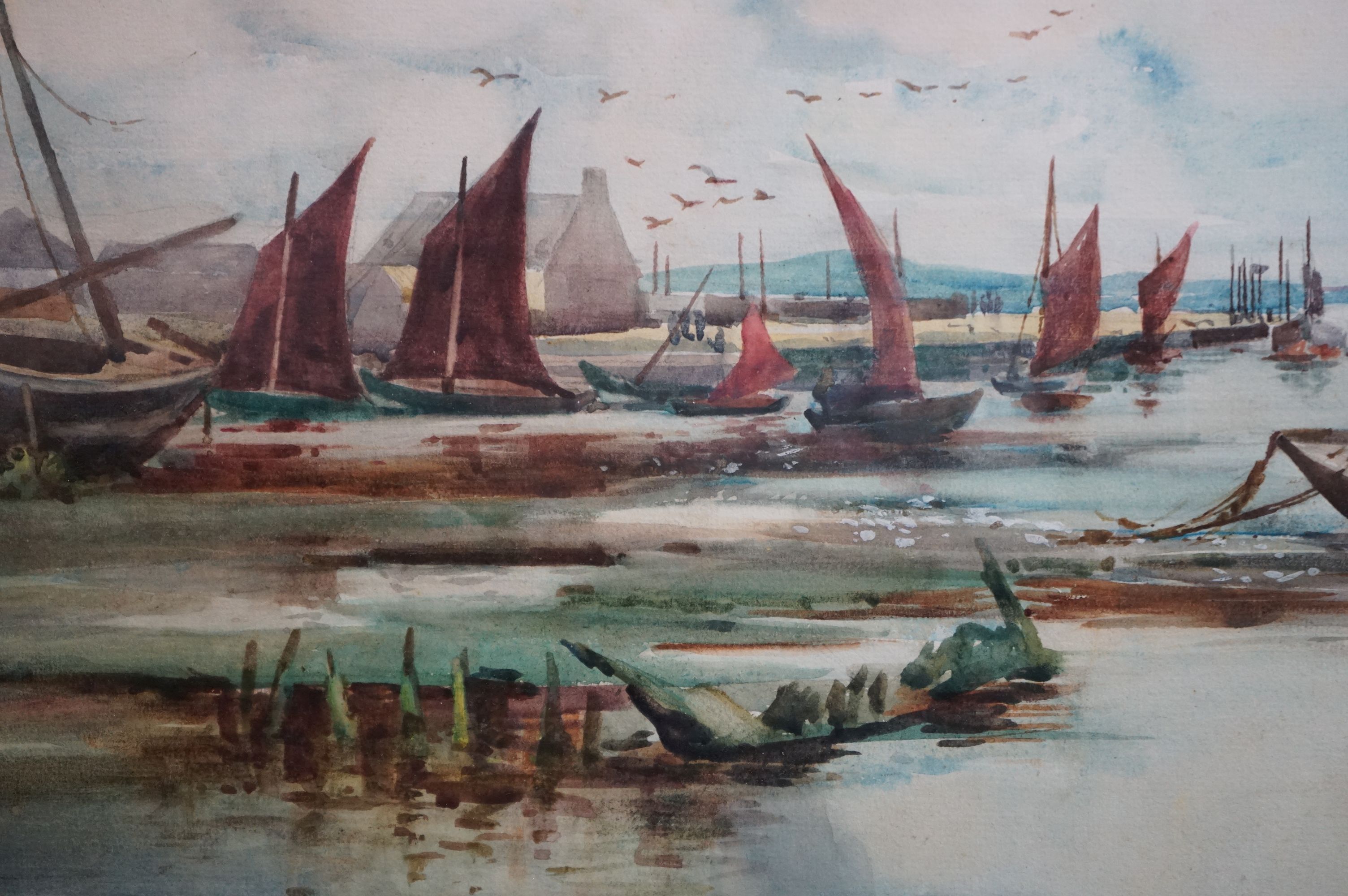 John Hathaway Fraser, BWS watercolour, a tranquil English coastal scene with moored boats, signed - Image 3 of 5