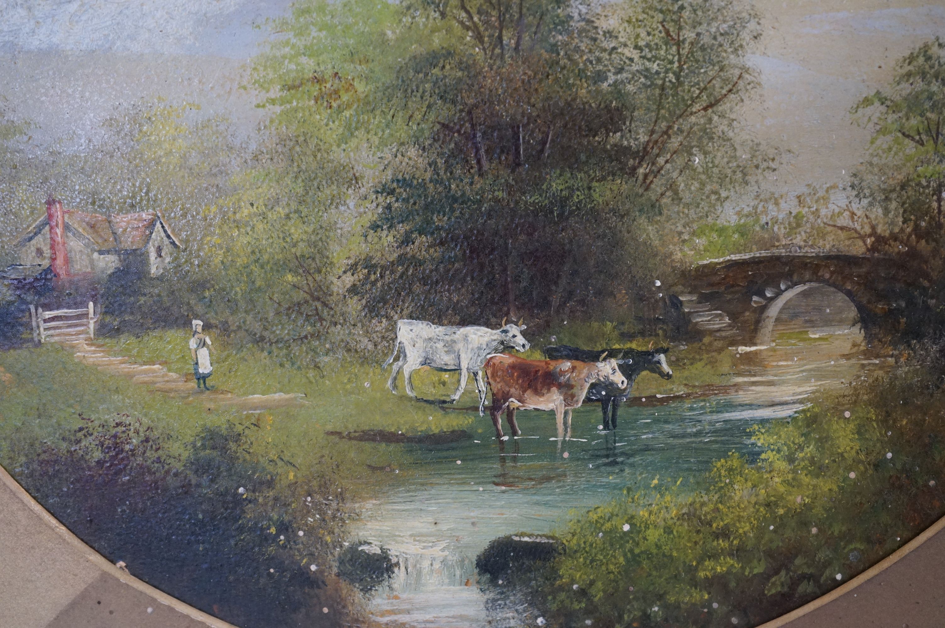 Pair of gilt framed oval acrylic paintings figures with cows and horses in rural settings. - Image 5 of 9