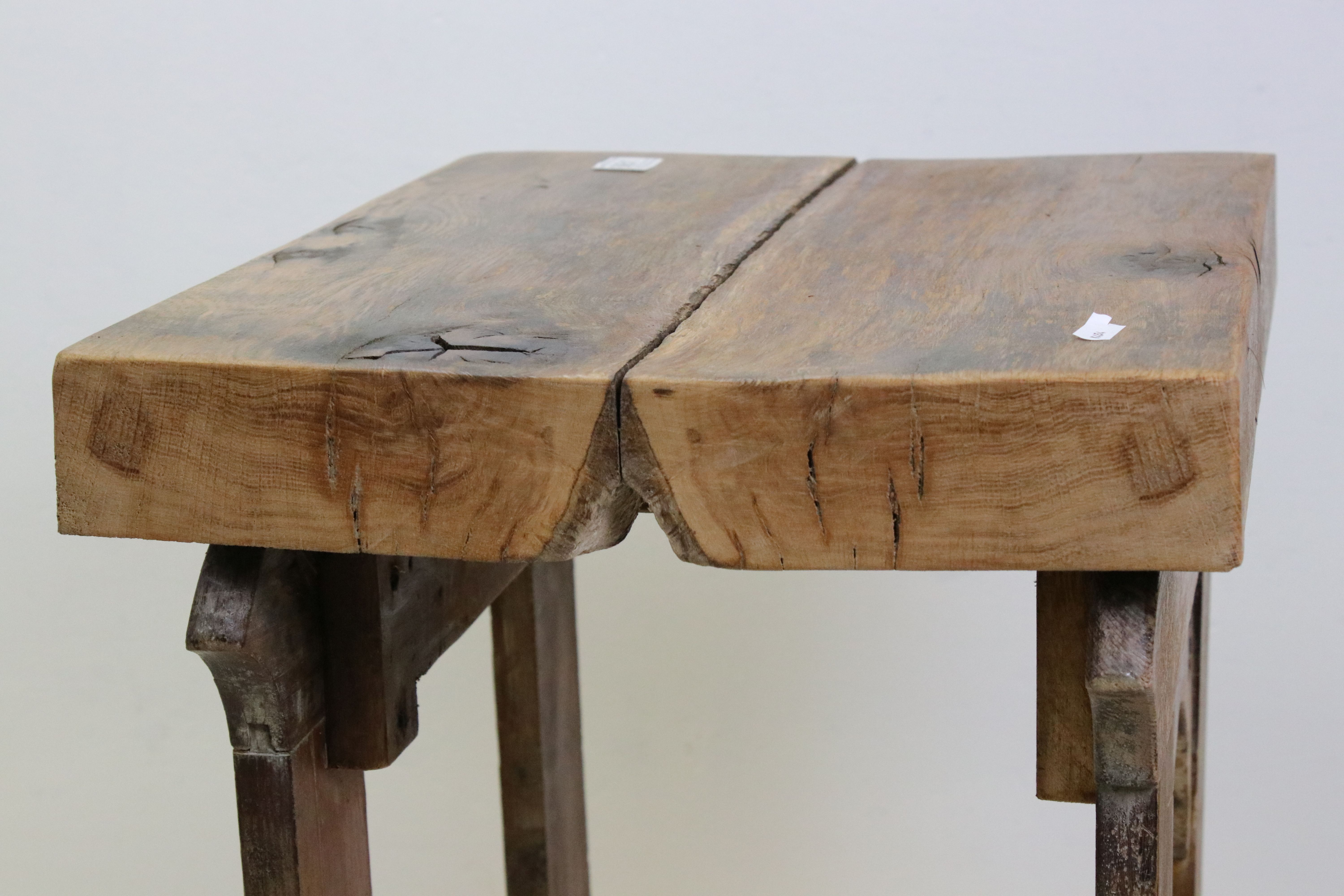 Pair of Side Tables formed from Thick Elm Tops on Gothic Bases made from Coffin Trestles, each 47cms - Image 5 of 7