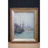 Rose Champion de Crespigny (1859-1935) a framed harbour scene, possibly Cowes, watercolour, signed -