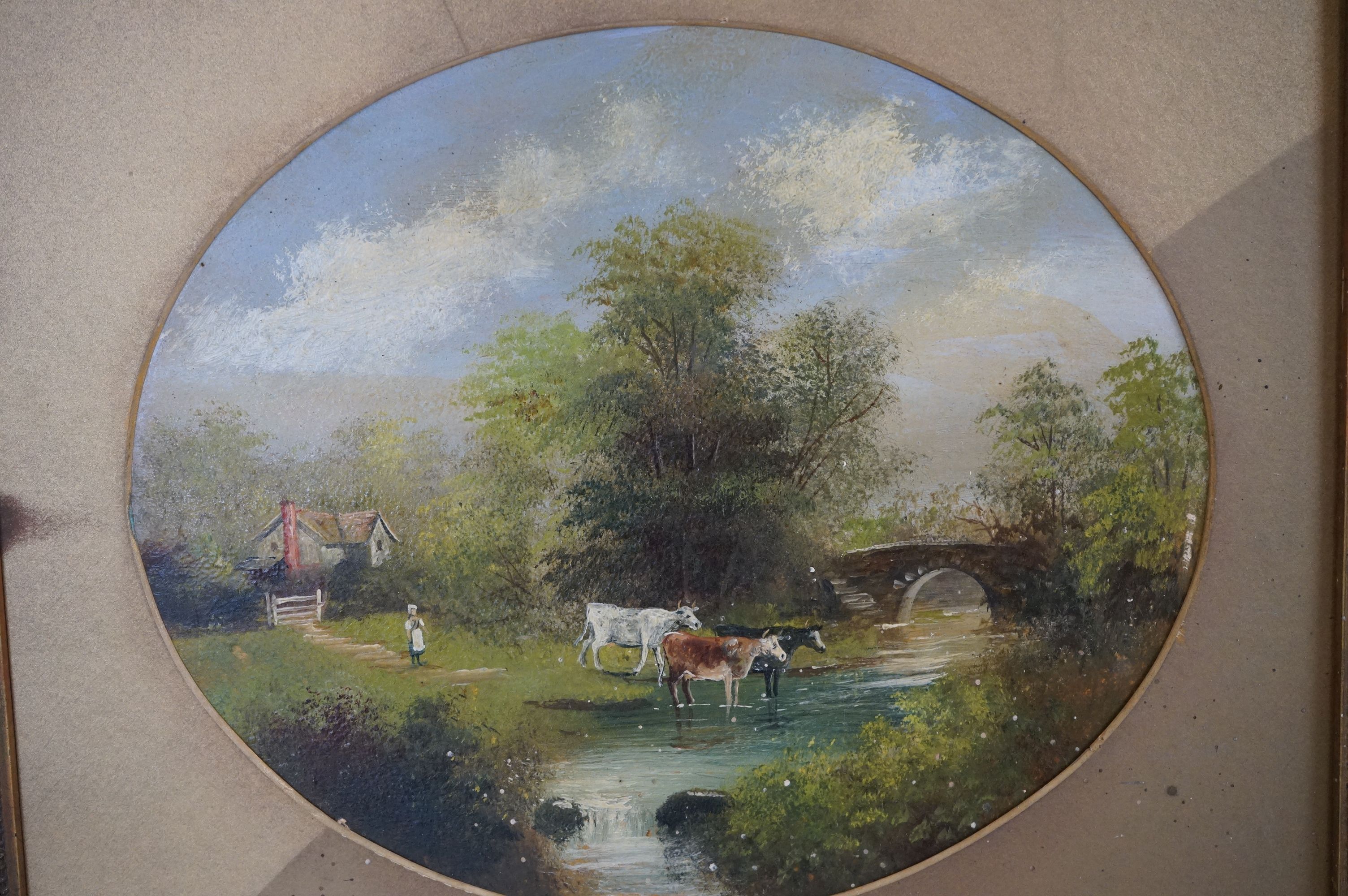 Pair of gilt framed oval acrylic paintings figures with cows and horses in rural settings. - Image 4 of 9