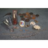 A small group of mixed collectables to include hallmarked silver badge, coins, penknives and