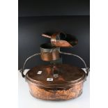 18th century oval copper saucepan with cover, another copper saucepan & a small copper scoop