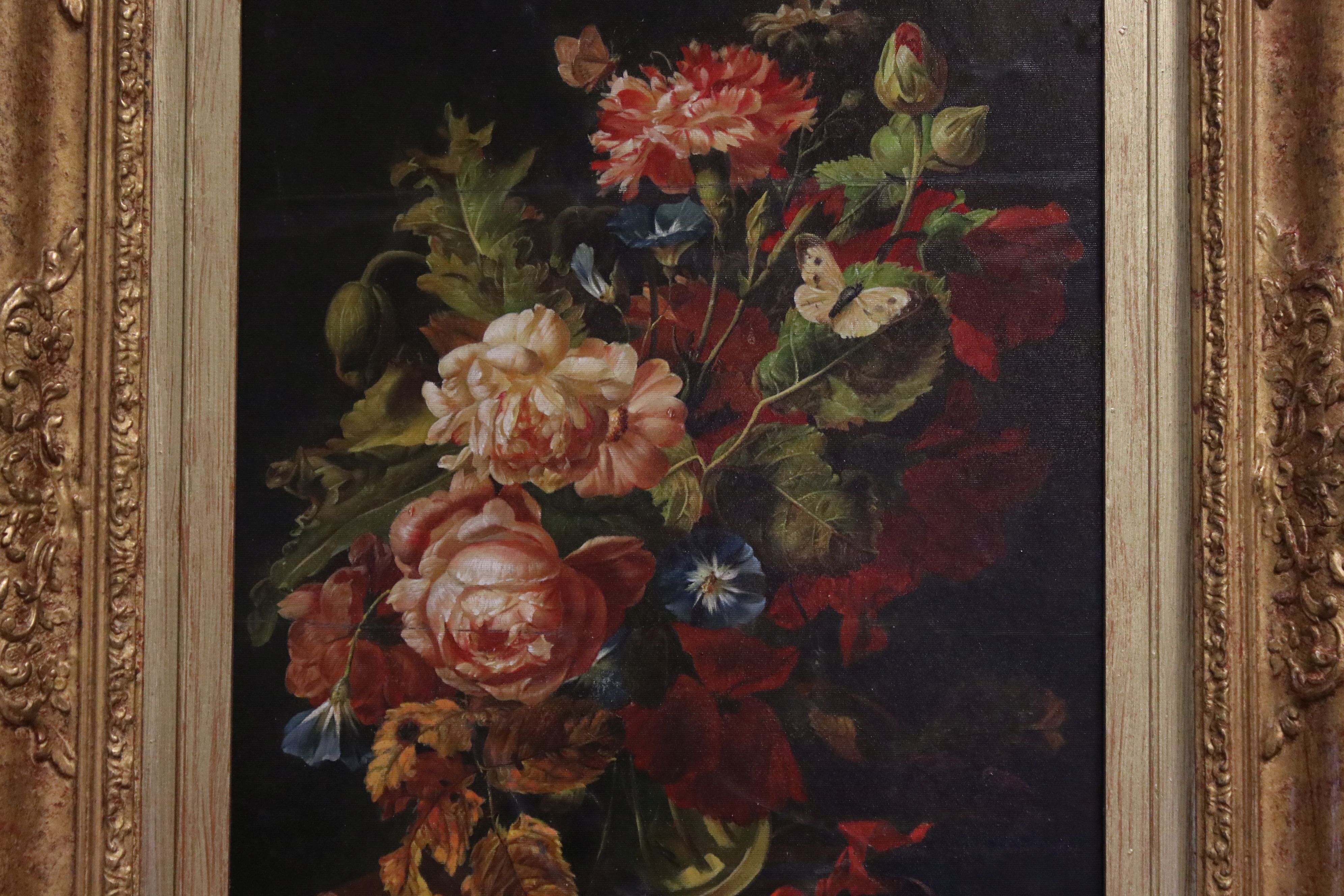 Ornate gilt framed oil painting, still life classical study of a floral display with butterfly - Image 2 of 5