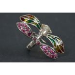 Silver and plique-a-jour dress ring of butterfly style