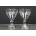 Pair of 19th century Glass Rummers, the conical bowls with engraved decoration including Anchors and