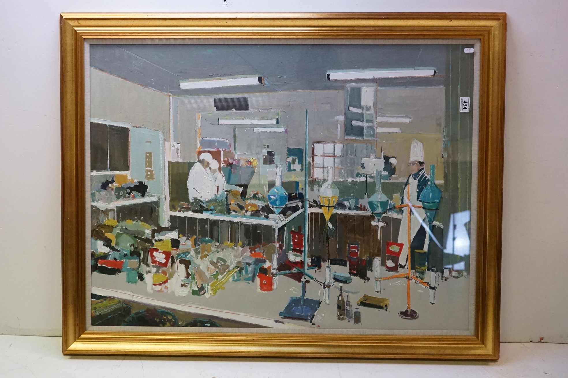 Leslie Goodwin R I, R W A, a large framed industrial oils on board ' The Chemistry Lab ' approx.