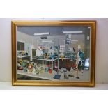 Leslie Goodwin R I, R W A, a large framed industrial oils on board ' The Chemistry Lab ' approx.