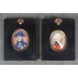 Two framed miniature portraits of gentlemen in military uniforms.