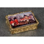 18ct gold plated pill box, with enamel lid depicting Napoleonic soldiers