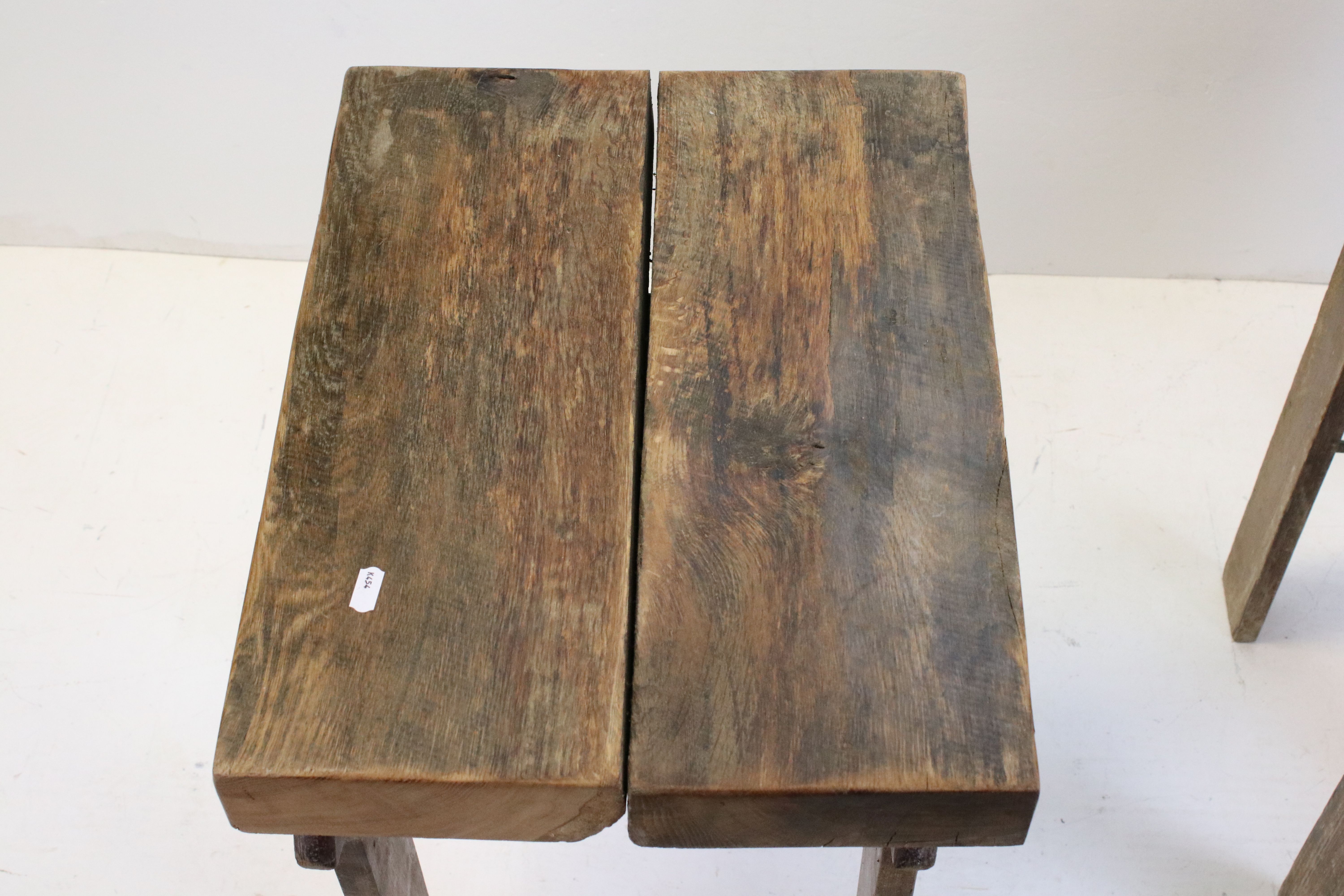 Pair of Side Tables formed from Thick Elm Tops on Gothic Bases made from Coffin Trestles, each 47cms - Image 6 of 7