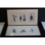Two Framed and Glazed Sets of Three Chinese Paintings on Rice Paper of Figures playing Musical