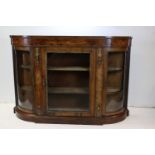 Victorian Walnut and Inlaid Credenza, the breakfront with glazed doors flanked by two bow glazed