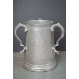 19th century Large Three Handled Pewter Tankard engraved with a crest and with a glass bottom (