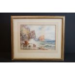 A R Dawson, 19th century watercolour, coastal scene with fishermen bringing in their catch