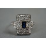 Silver, CZ & central sapphire panel ring, in the Art Deco style