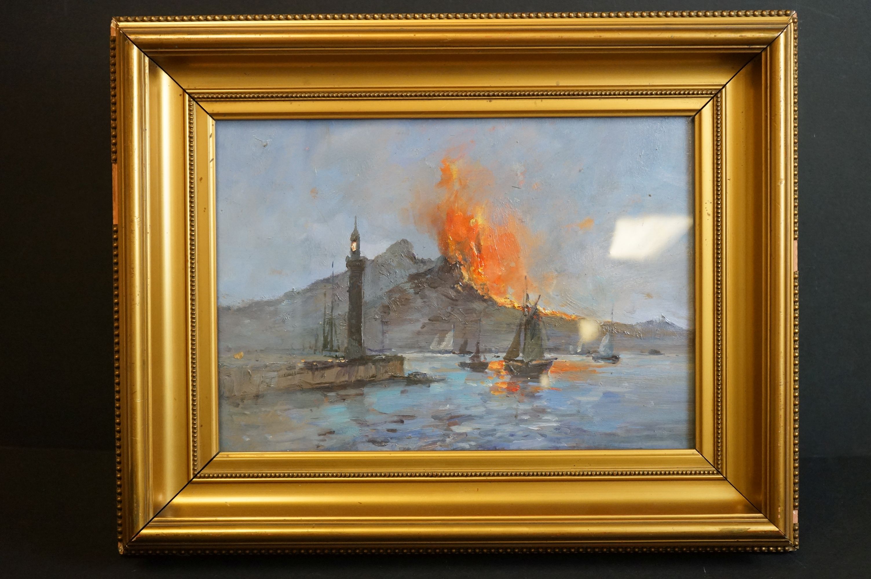 Oils on board, a view of the Bay of Naples with Vesuvius erupting in the background