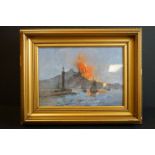 Oils on board, a view of the Bay of Naples with Vesuvius erupting in the background